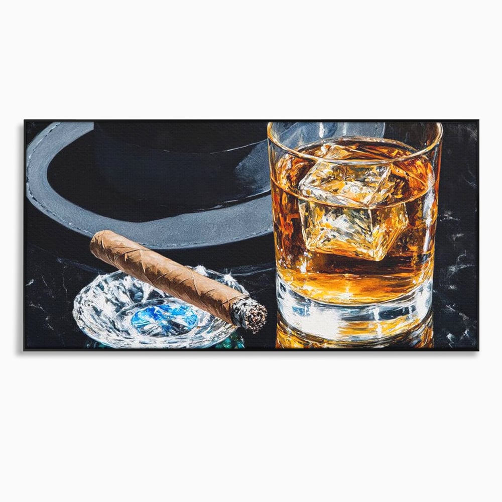 Tablou canvas cu pictura cu pahar de whisky, trabuc si palarie, in rama de aluminiu negru